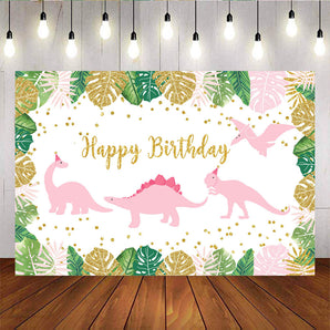 Mocsicka Pink Dinosaur Plam Leaves and Gold Dots Happy Birthday Party Backdrops-Mocsicka Party