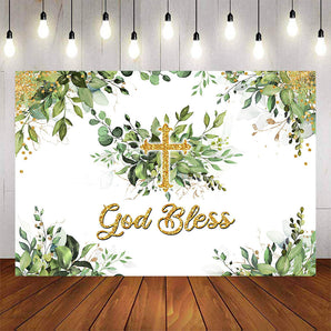 Mocsicka Plam Leaves and Gold Dots God Bless Baby Shower Backdrop-Mocsicka Party