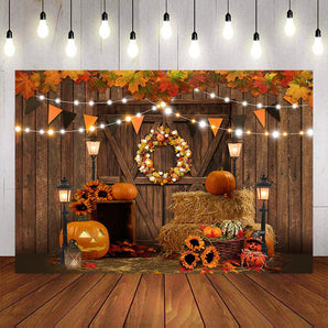 Mocsicka Maple Leaf Wooden Door and Pumpkin Autumn Backdrop-Mocsicka Party